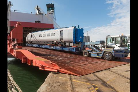 The first Hitachi Nova 1 trainset for TransPennine Express arrived at the Port of Southampton on June 11.